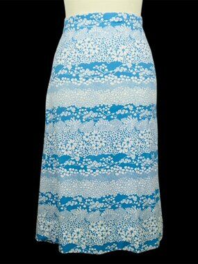 Vtg 60s 70s A Line Stretch Skirt Sz 12 L Blue White Floral Polyester Mod Beach
